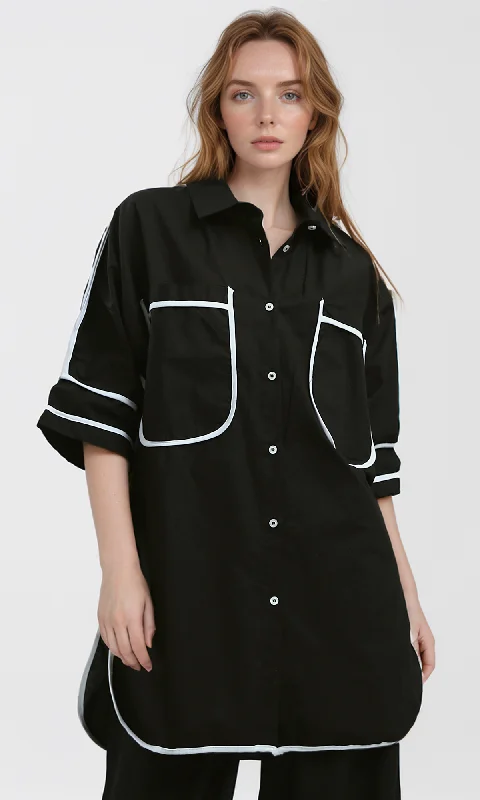 O181631 Black Summer Elbow Sleeve Shirt With Pockets