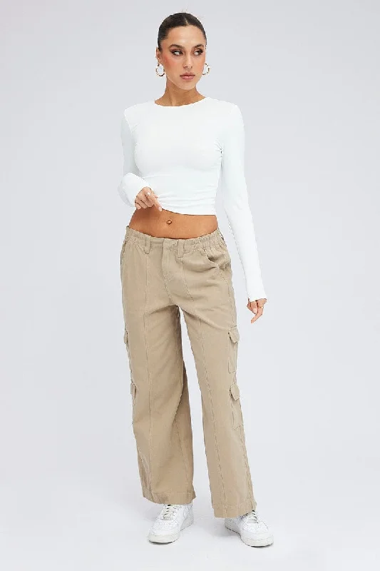 Beige Cargo Pants Mid Rise