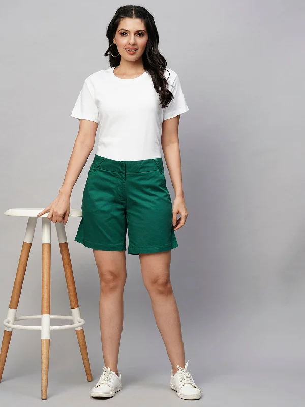 Women's Green Cotton Lycra Regular Fit Shorts