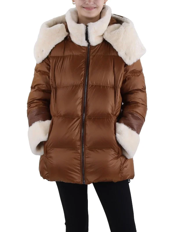 Aspen Womens Shearling Trim Down Puffer Jacket