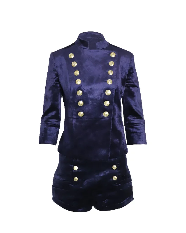 Pierre Balmain Military Blazer and Shorts Set in Blue Velvet